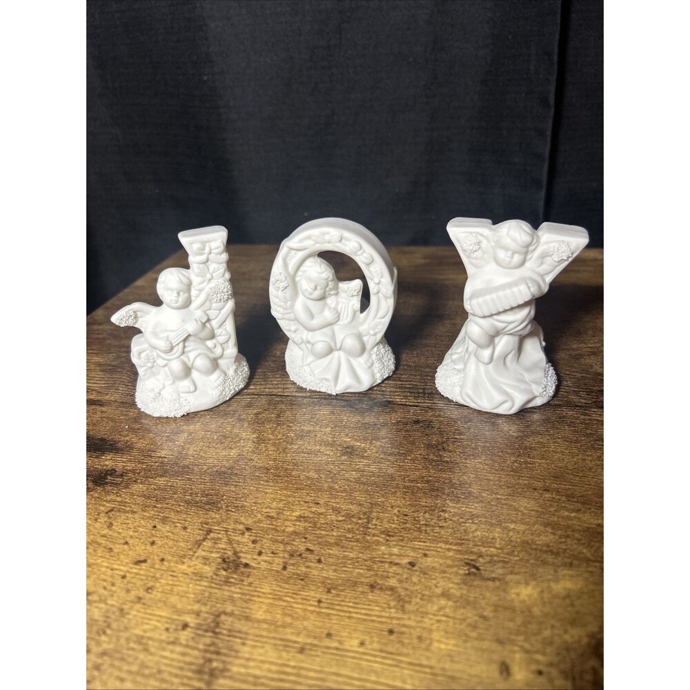 Christmas JOY Candle Holder Trio, Ceramic Bisque Cherub Angels Candleholder Set - Picture 2 of 15